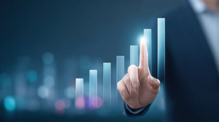 A business professional pointing at a rising graph, symbolizing growth and success in a digital landscape.