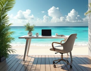 Obraz premium Modern desk setup with laptop near ocean beach, palm trees visible. Workspace offers view of blue sea and sky. Remote work lifestyle in tropical paradise.