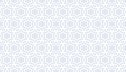 Fototapeta premium Subtle vector ornamental seamless pattern. Blue and white abstract floral geometric background texture with stars, diamonds, grid, lattice. Elegant minimal ornament in oriental style. Repeating design