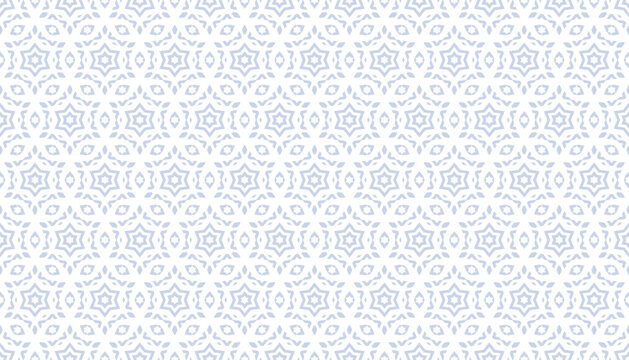 Subtle vector ornamental seamless pattern. Blue and white abstract floral geometric background texture with stars, diamonds, grid, lattice. Elegant minimal ornament in oriental style. Repeating design