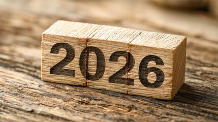 Wooden Blocks Displaying the Year 2026 on a Rustic Wooden Surface for New Year Celebrations and Future Planning Enthusiasm