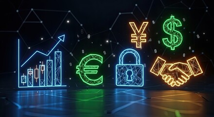 Dynamic neon currency symbols illuminate financial growth, showcasing euro, yen, dollar, and investment security, ideal for modern business and trade visuals