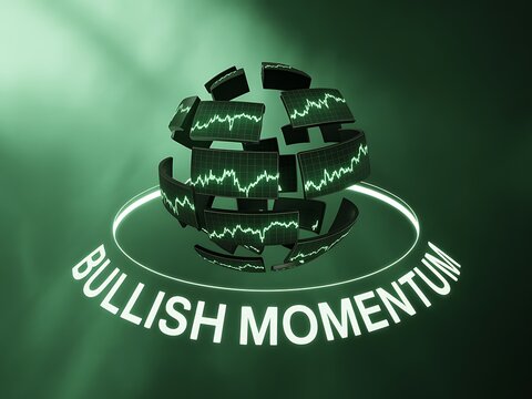 A glowing green segmented sphere displaying bullish stock market graphs with 'BULLISH MOMENTUM' text below, symbolizing financial growth and positive market trends.