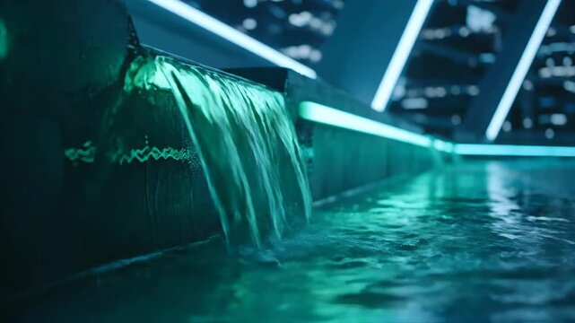 Futuristic water feature with neon lighting and sleek design.