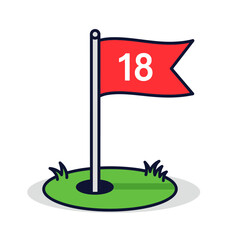 Golf Hole Number 18 - Red Flag with White Number on Green Course.