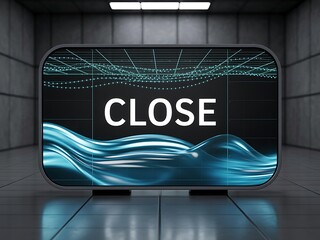A digital display shows the word CLOSE with an abstract water-like design.