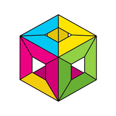 Isometric hollow cube with vibrant, colorful geometric facets creating an optical illusion.