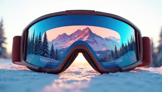 Red ski goggles rest on fresh snow. Shiny lens reflects majestic snowy mountain range, green pine forest under vibrant sunrise. Winter sport equipment ready for active winter fun, adventure on cold