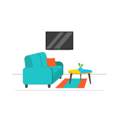 Flat design modern living room interior with teal sofa, orange cushions, yellow table, and TV.