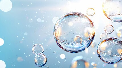 Close-up view of transparent water bubbles with liquid inside, floating in a light blue environment. The bubbles are illuminated by soft light, creating a bokeh