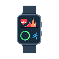 Flat design smartwatch displaying health and fitness data, heart rate, activity tracking, and progress.