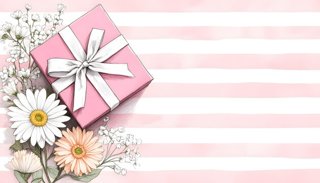 Pink gift box with white ribbon and flowers on a striped background