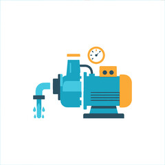 Flat Illustration of a Blue and Yellow Water Pump with Gauge and Spout.