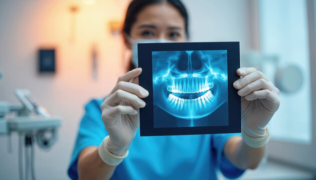Dentist examines dental x-ray scan showing patient teeth. Doctor reviews radiograph in modern clinic with medical equipment. Oral care diagnosis using radiology. - Powered by Adobe