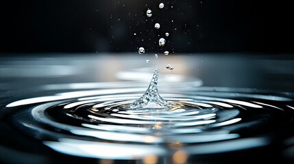 A close-up, high-speed photograph captures the dynamic moment a water droplet strikes a liquid surface, creating a crown splash and radiating concentric ripples