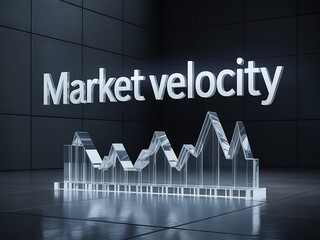 3D rendering of the term 'Market velocity' above a fluctuating glass financial bar chart on a dark background.