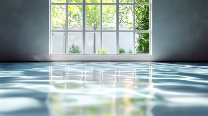 A low-angle view of a polished floor reflecting rippling water patterns. A large window with a grid of panes looks out onto lush green trees and sunlight.