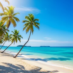 Obraz premium Tropical paradise beach scene, featuring swaying palm trees and a serene turquoise ocean, radiating a relaxing and sunny mood.