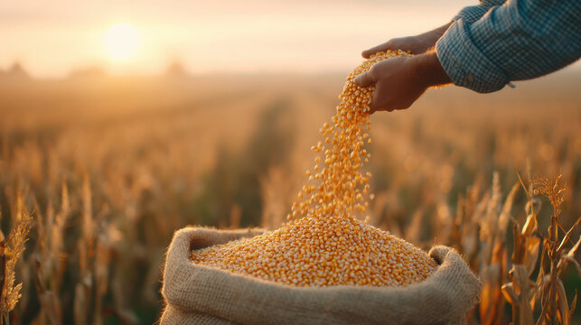 A farmer pouring golden grains from a sack into a field at sunset, symbolizing harvest and abundance.