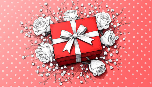 Gift box with roses and baby's breath on a pink polka dot background - Powered by Adobe