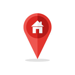 Red flat design map pin icon with a white house symbol, a location marker for a home address.