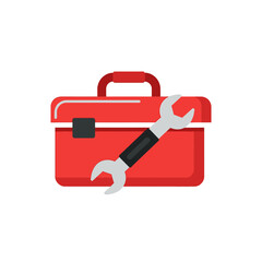Red toolbox with a silver wrench, a flat vector icon for repair and maintenance.