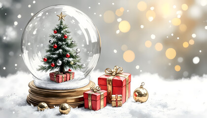 Christmas snow globe with festive tree, gifts, and ornaments