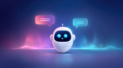A friendly chatbot robot with glowing eyes, symbolizing communication and innovation in technology.