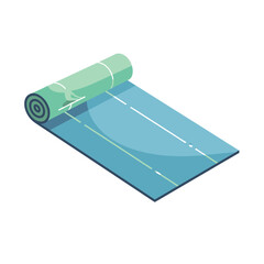 Rolled and Unrolled Light Blue Yoga Mat with Green Strap, Isometric View.