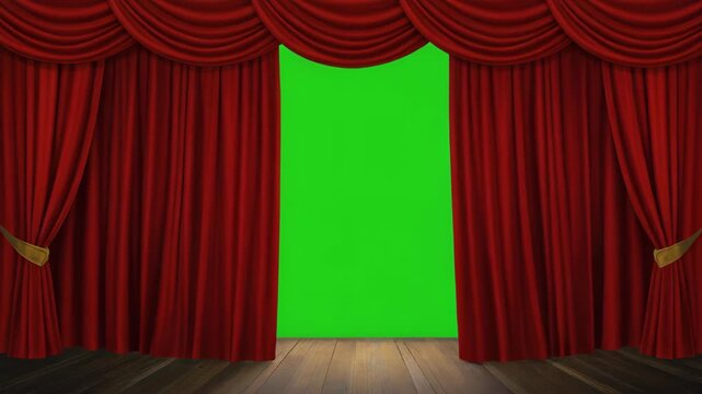 Red velvet stage curtains parting on a green screen backdrop with a wood floor for performance or theatrical presentations