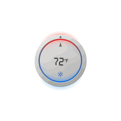 Round Smart Thermostat Displaying 72 Degrees Fahrenheit with Red and Blue Indicators.