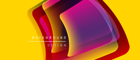 Abstract vibrant shapes overlap yellow backdrop. Modern design features gradients, curves, text elements. Bold colors create dynamic visual impact.