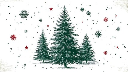 Festive winter scene with hand-drawn pine trees surrounded by red stars and green snowflakes on textured white background. Perfect for holiday designs.
