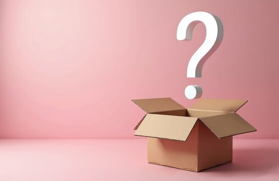 Opened cardboard box and large white question mark floating above. Pink background for text or graphic. Conceptual image for mystery item or problem.