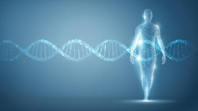 A futuristic representation of a human silhouette surrounded by a DNA strand, symbolizing genetics and bioengineering.