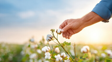 A hand gently picking cotton from a field at sunrise, symbolizing agriculture and harvest.
