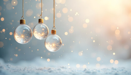 Christmas ornaments hanging with golden strings and sparkling lights