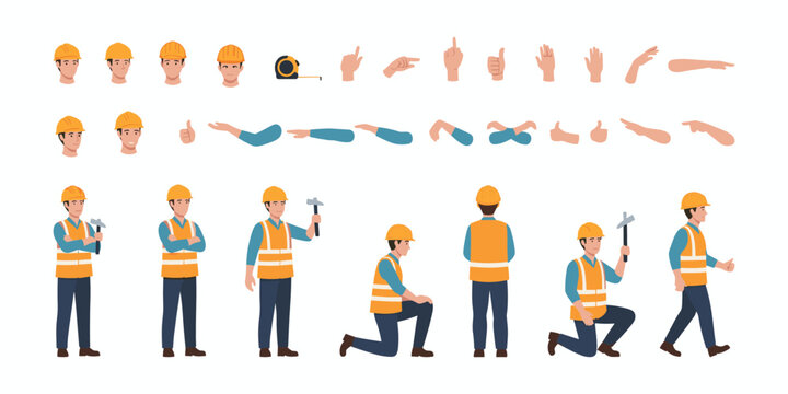 Construction Worker Character Pack &mdash; Builder in Safety Vest and Helmet, Multi-Angle Poses, Editable Animation Vector