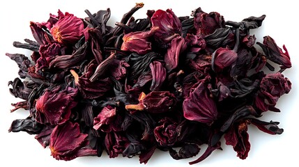 Dried hibiscus flowers in deep burgundy and dark purple tones, used for herbal tea, natural food coloring, and culinary garnishes.