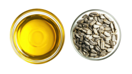 Sunflower oil and seeds in oval dishes isolated on transparent background
