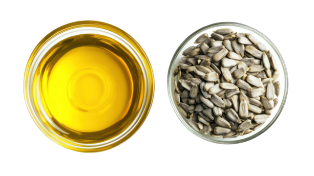 Sunflower oil and seeds in oval dishes isolated on transparent background