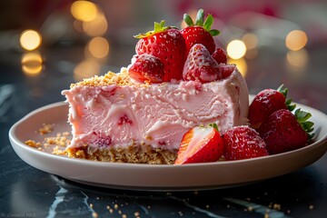 Creamy strawberry cheesecake slice topped with fresh berries on white plate against blurred bokeh background, perfect for dessert menu promotion.