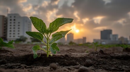 Young green plant growing in urban soil with dramatic sunset and city skyline in background, symbolizing hope and urban sustainability.