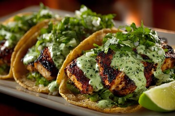 Grilled fish tacos with creamy cilantro sauce and fresh lime on corn tortillas, served on white plate for restaurant menu or food blog.