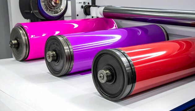 Close-up of large cylindrical rollers coated in vibrant colors on a printing press
