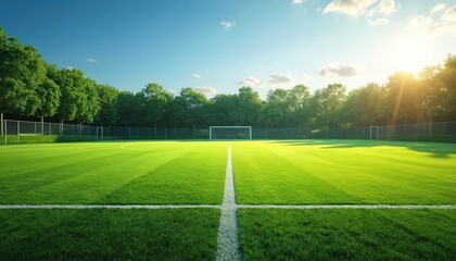 Obraz premium Perfect green football pitch under blue sky. Sports field has white lines and goalposts. Rich trees line the background. Bright sun shines on the ground and area is ready for game.