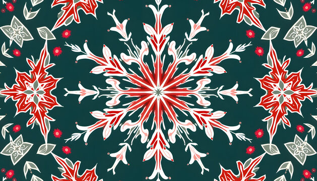 Elegant floral pattern with symmetrical design in red, white, and green
