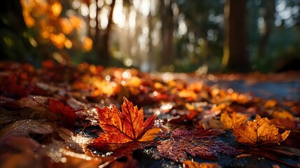 Vibrant autumn maple leaves scattered on forest floor with golden sunlight filtering through trees in background during fall season.