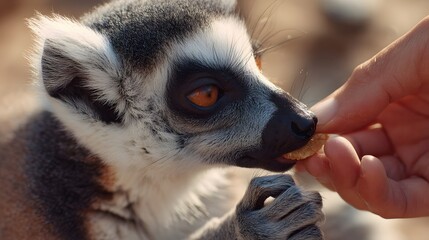 Obraz premium Close up of a cute ring-tailed lemur being fed by a human hand.