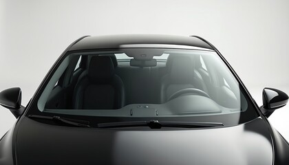 Black car front view. Clean windshield offers clear visibility of car interior, seats and steering wheel. Shiny vehicle exterior is ready for journey.